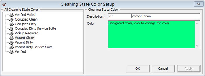 This figure shows the Cleaning State Color Setup