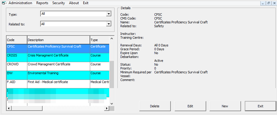 Course and Certificate screen