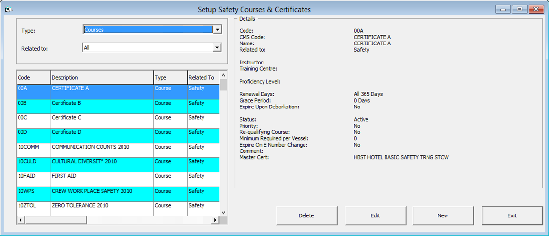 This figure shows the Course and Certificates Setup window in Advance Drill Mode.