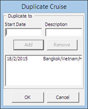 This figure shows the Duplicate Cruise window which allow you to add the date you are duplicating to.