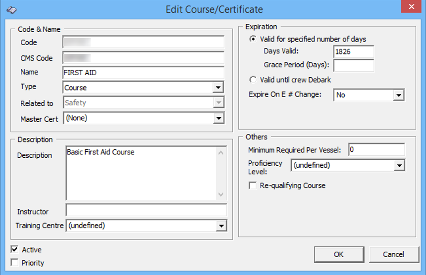 This figure shows the set up window for Edit Course/Certificate.