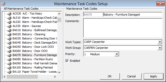 This figure shows the Maintenance Task Codes Setup window.