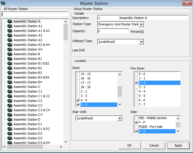 This figure shows the Advance Muster Station Setup window.
