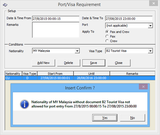 This figure shows the set up window for Port or Visa Requirement.