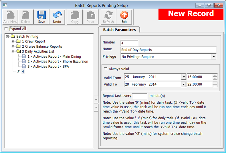 This figure shows the configuration window of Batch Reports Printing Setup.