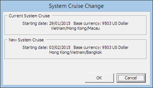 This figure shows the System Cruise Change window, from Current System Cruise to the New System Cruise