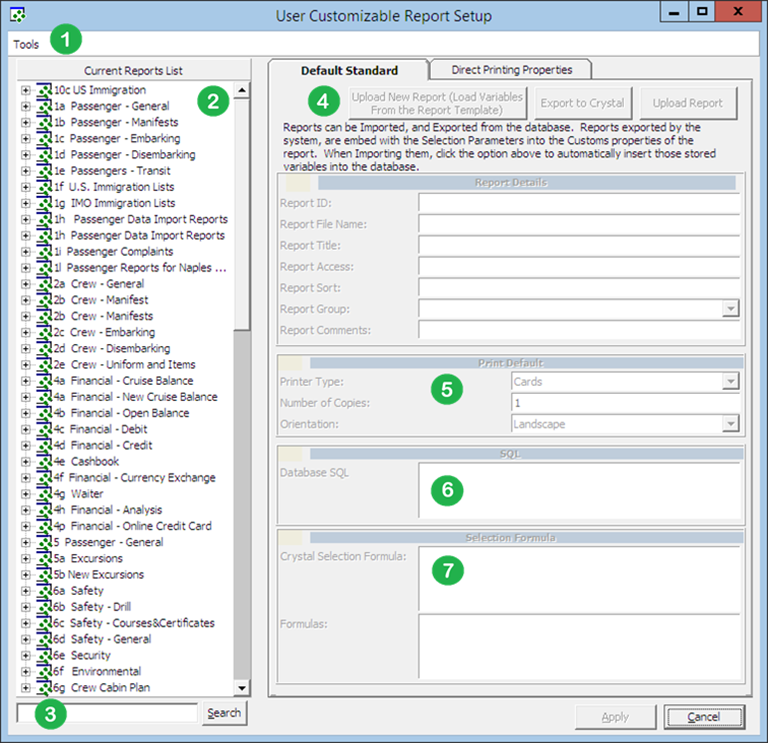 This figure shows the configuration window to setup a report and its required parameters