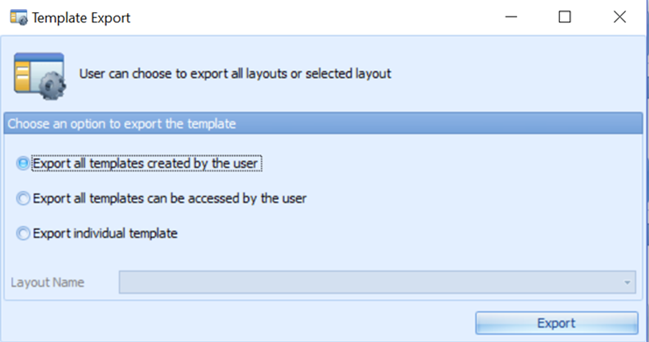 This figure shows the options available in Template Export.