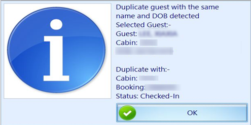 This figure shows the notification prompt when duplicate booking is found during check in and prevent the check in until it is resolved.