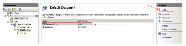 This figure shows the Default Document in IIS Manager