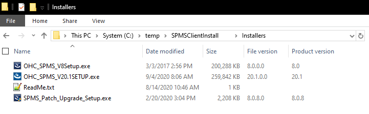 This figure shows the SPMS_V20.1SETUP file in SPMSClientInstall folder