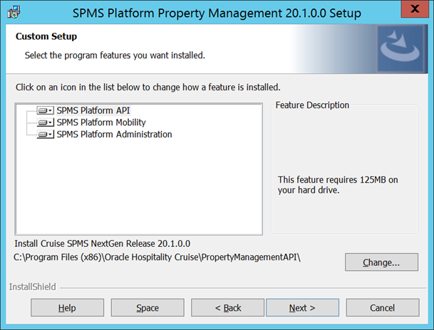 This figure shows the SPMS Platform Property Management Installation - Custom Setup.