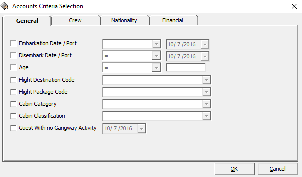 This figure shows the Accounts Selection Criteria-General