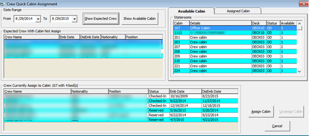 This figure shows the Invoice Successfully Emailed Indicator Quick Cabin Assignment Window
