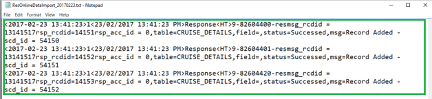 This figure shows the sample import text for Do not import cruise SCR and only import cruise details of SCD.