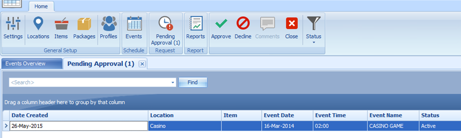 This figure shows the Event - Pending Approval Tab