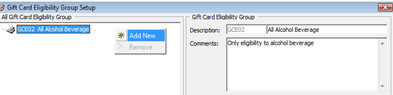 This figure shows the Gift Card Eligibility Group Setup