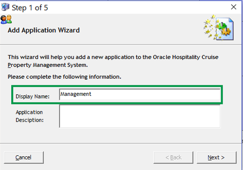 This figure shows the step 1 of 5 of Add Application Wizard.