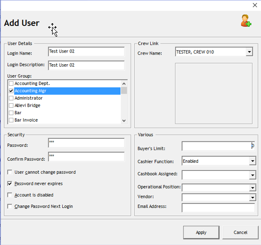 This figure shows the window where you input the user information when adding new user to the system.