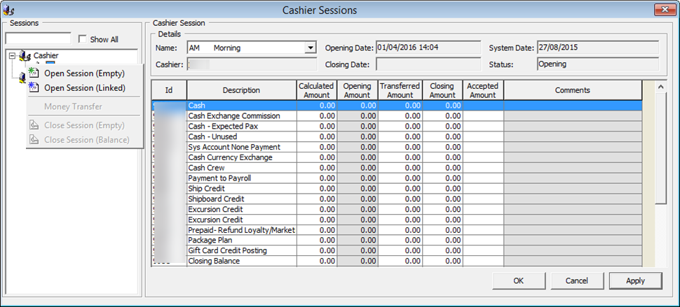 This figure shows the Cashier Sessions