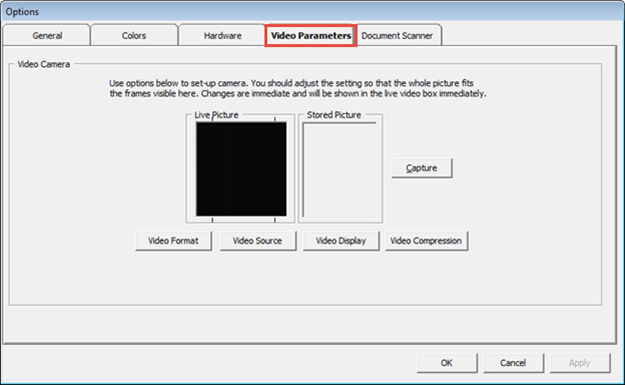 This figure shows the Options Menu, Video Parameters