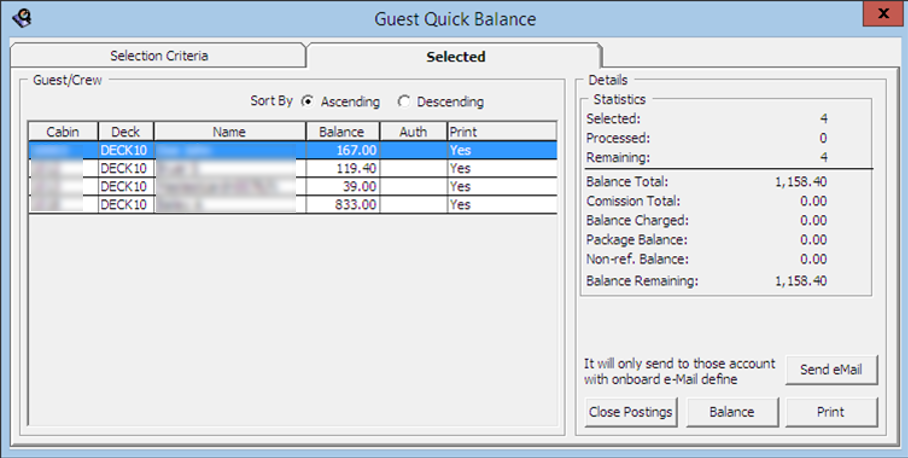 This figure shows the Quick Balance Selected Tab