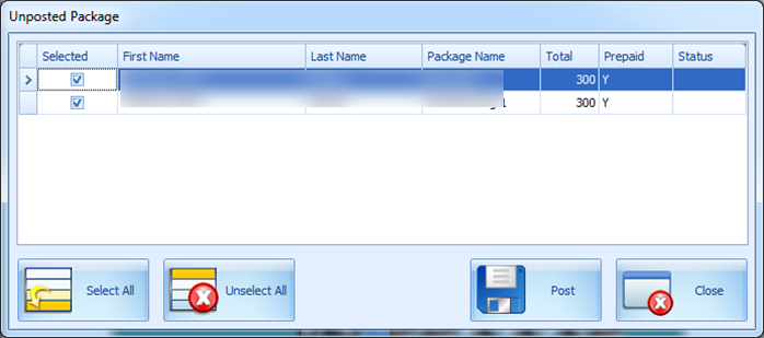 This figure shows the Unposted Package Postings Window
