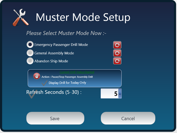 This figures shows the set up window for Muster Mode.