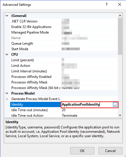 This figure shows the Application Pool Advanced Settings.