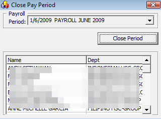 The figure shows the Close Pay Period window.