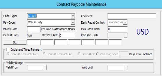 The figure shows the Contract Pay code Maintenance form.