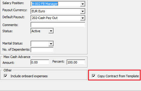 The figure shows the Contract Templates window with the Copy Contract from Template checkbox.