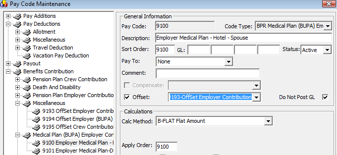 The figure shows the Pay Code Maintenance window where you can use the process Employer Medical Plan Contribution.