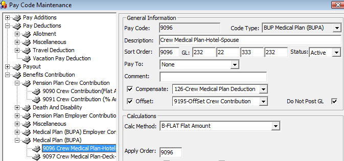 The figure shows the Pay Code Maintenance window where you can use the process Crew Medical Plan.