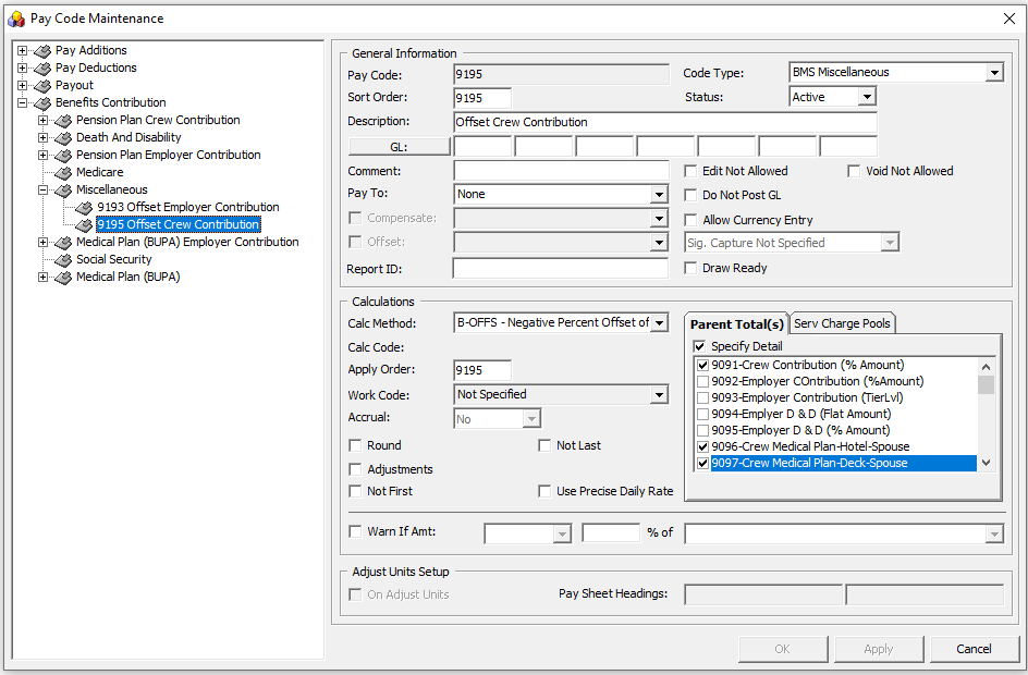 The figure shows the Pay Code Maintenance window where you can use the process Offset Crew Contribution.