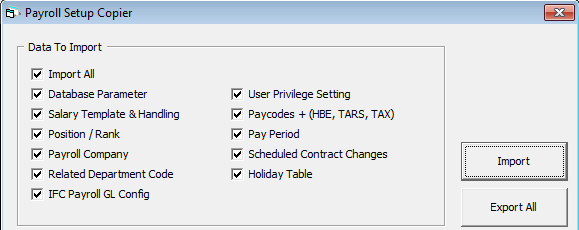The figure shows the Payroll Setup Copier Options.