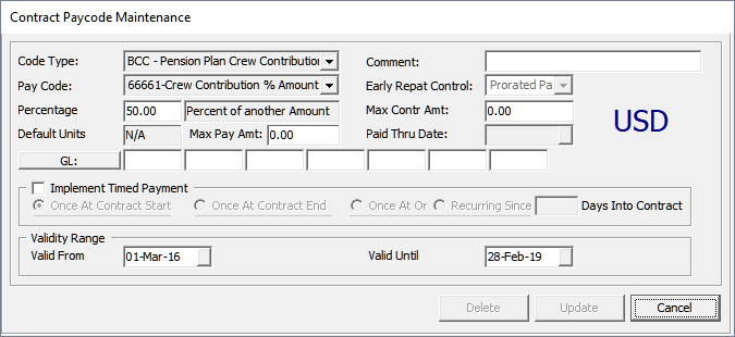 The figure shows the Contract Pay code Maintenance window where you can add pension plans to contracts.