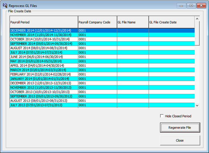The figure shows the Reprocess GL File screen.
