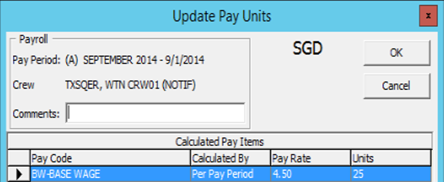 The figure shows the Update Pay Units window.