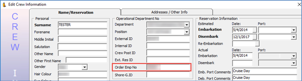 This figure shows the MICROS Order Employee ID field in Crew Information.