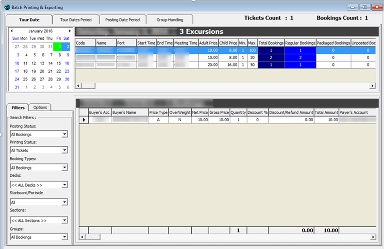 This figure shows the main screen of batch ticket printing and exporting with filter options.