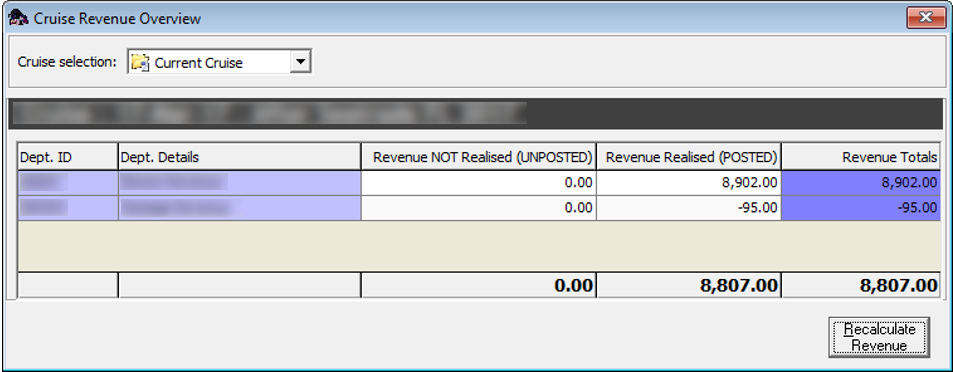 This figure shows the Revenue Overview window that allow you to filter the revenue by cruise.