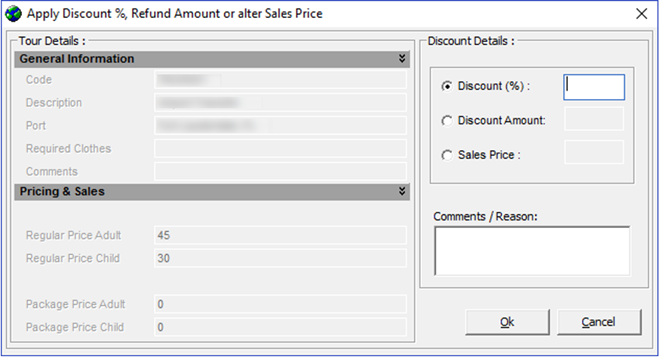 This figure shows the configuration window of discount, refund amount or price alteration.