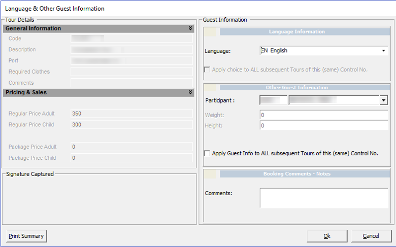 This figure shows the language and other guest information window
