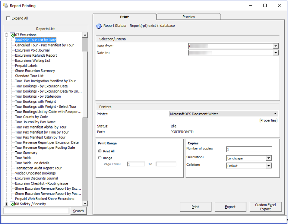This figure shows the report window where a report is configured, and available for printing.