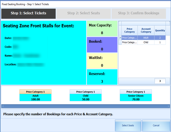 This figure shows the Fixed Seating Booking — Step1: Select Tickets