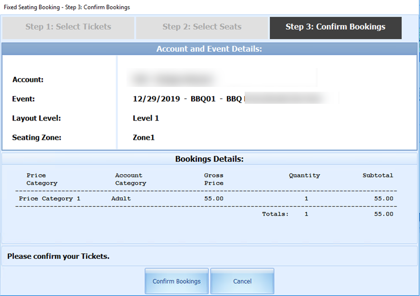 This figure shows the Fixed Seating Booking — Step3: Confirm Bookings.
