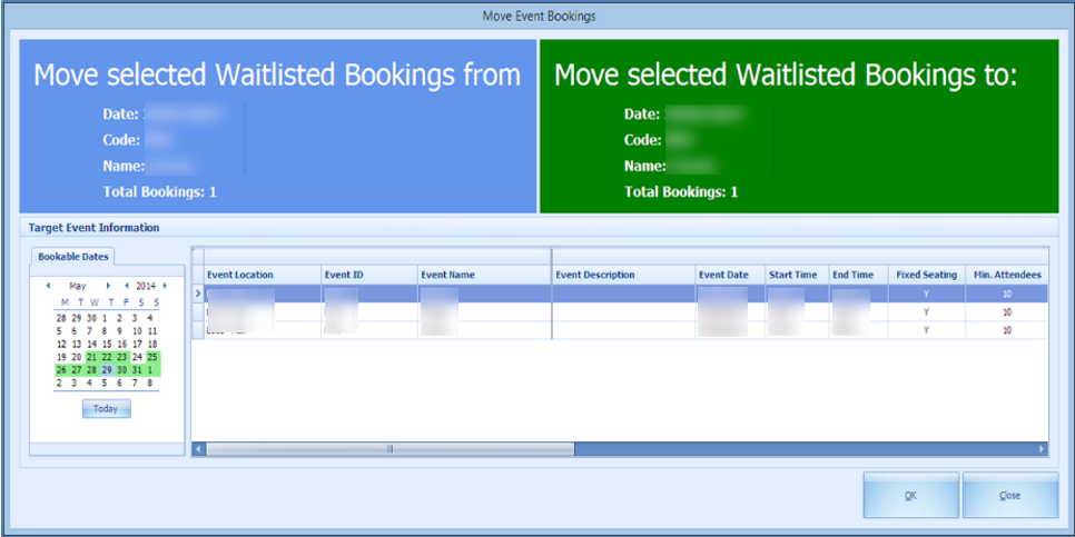 This figure shows the Move Event Bookings window