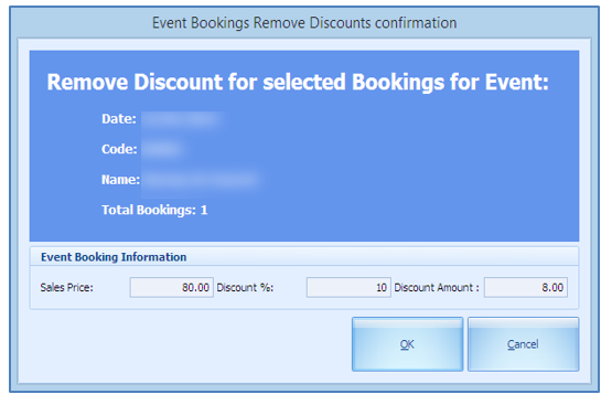 This figure shows the Remove Discount form for selected bookings where the applied discount is reversed.