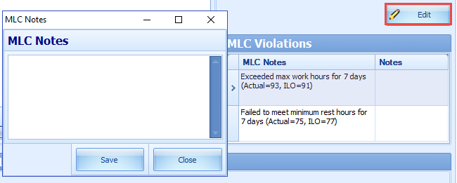 This figure shows the ILO Violations notes and function to edit the notes.